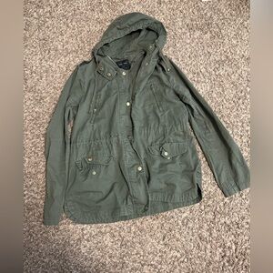 Size Large Outfit Green Military Jacket, Distressed Skinny Jeans, Flowy Blouse